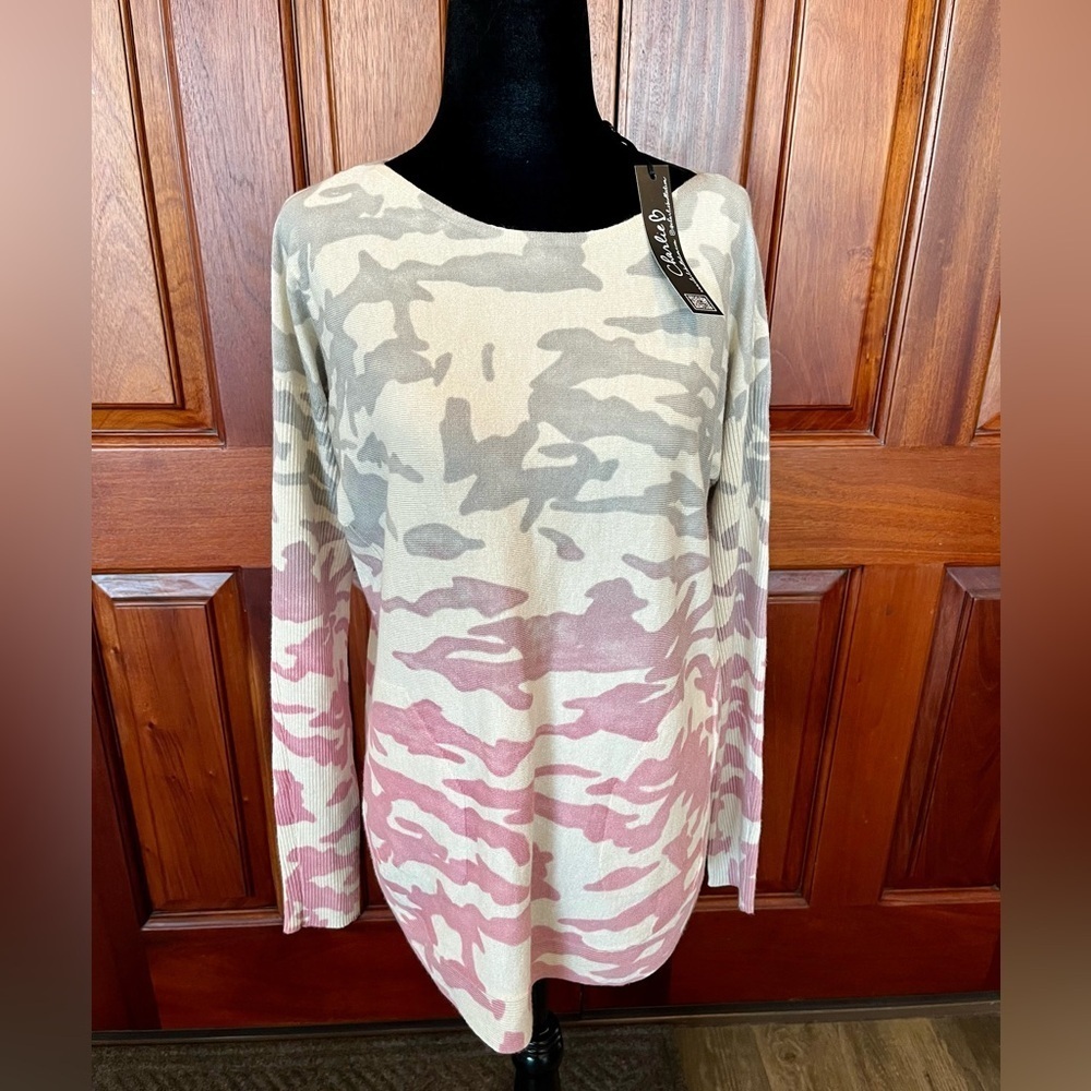 Charlie B Pink Gray Ombré Camo Sweater New NWT Medium Pockets $115